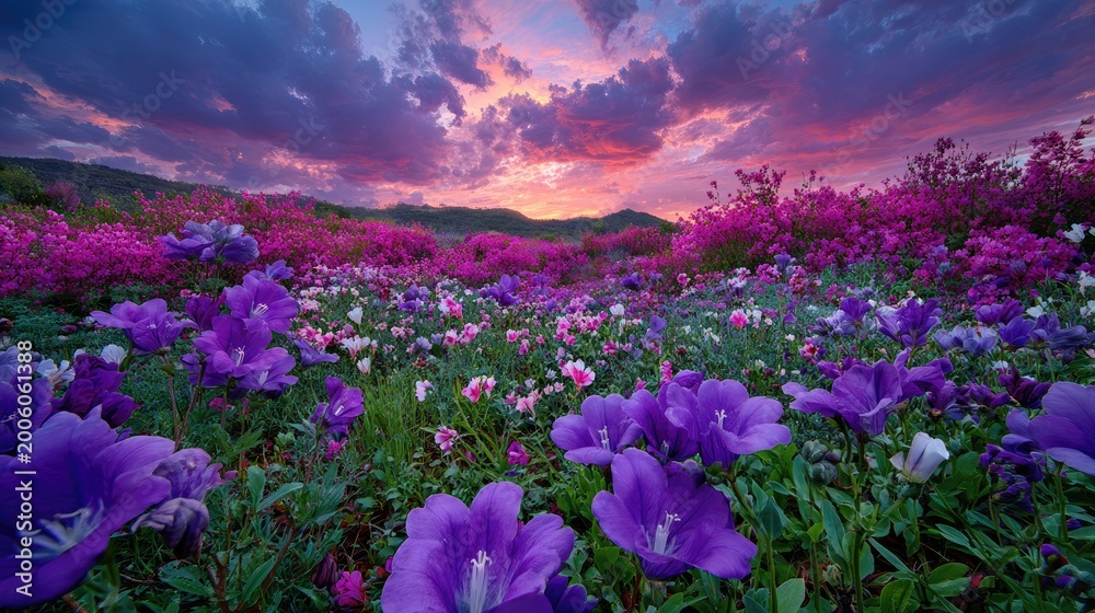 Obraz premium Enchanting Field of Purple Flowers Under a Dramatic Sunset Sky.