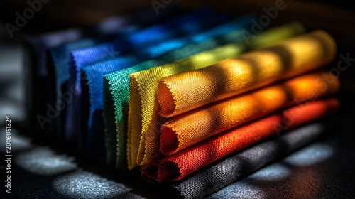 close up colorful fabric rolls with rainbow textiles and textile texture background