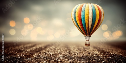 colorful hot air balloon flying over road in dreamy sunrise bokeh background