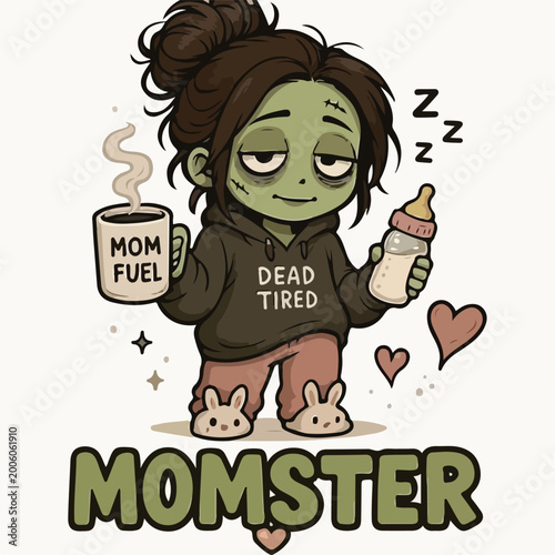 Exhausted zombie mom holding a coffee mug and baby bottle while wearing comfortable pajamas in this humorous parenting lifestyle illustration