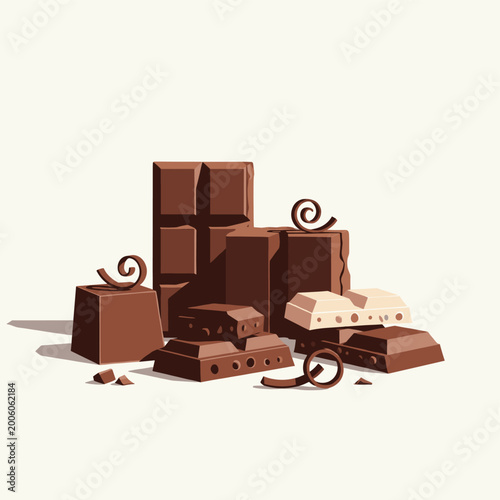 Foto An assortment of various chocolate types, including dark, milk, and white chocolate bars and broken pieces, with decorative chocolate curls