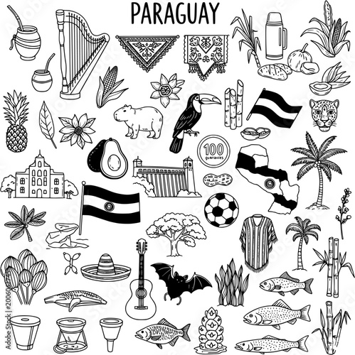 Photos Detailed vector illustration of Paraguay's rich culture and diverse nature, showcasing national symbols, iconic landmarks, traditional food, and unique wildlife