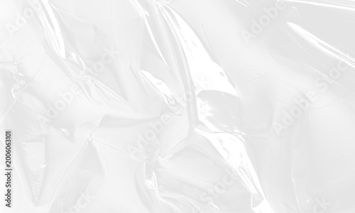 Bright white crinkled plastic texture with intense glossy highlights and folded transparent film. Realistic shiny cellophane wrap mockup background overlay. PNG cutout object.