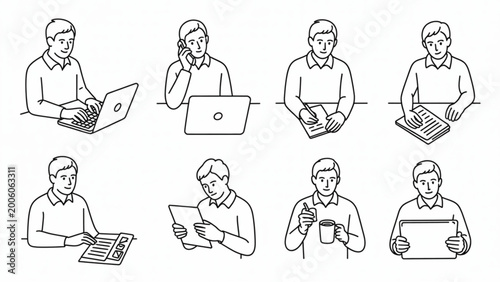 Modern Office Workflow Line Art Set  Business Tasks and Daily Work Activities