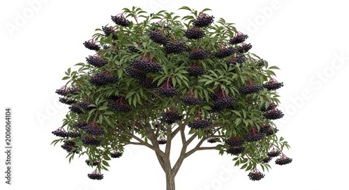 Elderberry bush with ripe black berries and green leaves, sambucus nigra plant on white background, medicinal elder tree for herbal health