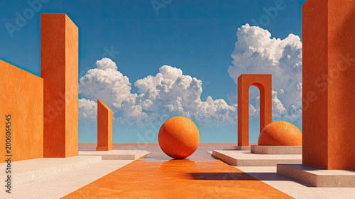 Surreal orange architectural forms and sphere under bright blue sky