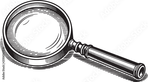 A vintage style engraving drawing of a magnifying glass, with a transparent center, and a subtle shadow underneath. Vector Illustration