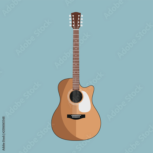 Cuadro en lienzo Acoustic guitar with six strings on each tuning peg, presented in a flat design style against a solid blue background