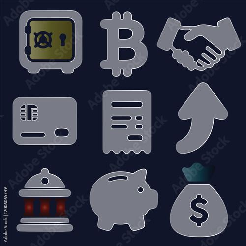 Glassmorphic Icons Global banking set with handshake, investment arrow, and currency symbols