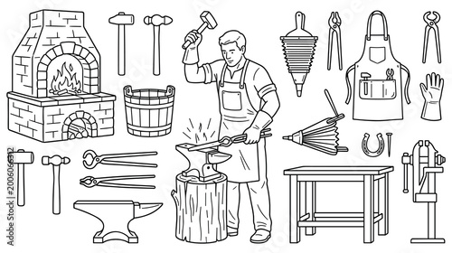 Bilde på lerret Blacksmith working at forge with tools and anvil in workshop.