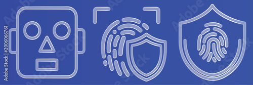 Glassmorphic Icons Security set featuring robot, fingerprint shield, and facial recognition