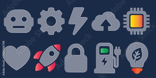 Glassmorphic Icons Tech set featuring robot face, gear, lightning bolt, and microchip elements