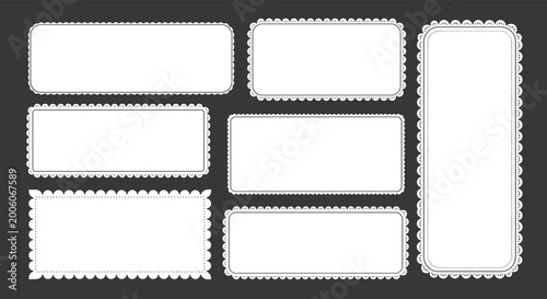 Elegant set of white lacey rectangular frames with scalloped edges isolated on a dark background for classic designs.