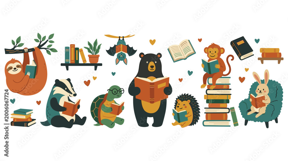 Obraz premium Cute forest animals reading books collection with bear sloth monkey and rabbit characters.