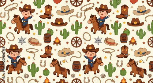Seamless Pattern of Cute Little Cowboys Riding Horses with Wild West Elements Illustration