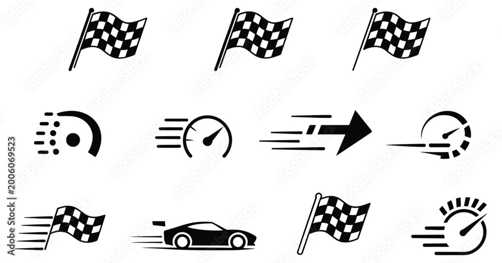 Obraz premium Racing checkered flags and speed motion icon vector set, fast movement symbols isolated on white background for motorsport design, racing events, automotive graphics, and competition themes