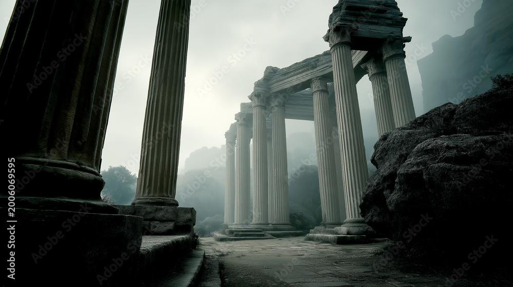 Obraz premium Ancient Roman Pillars and Ruins Enveloped in Thick Fog and Mist, Historical Architecture Photography Representing Mystery, Antiquity, and Forgotten Civilizations.