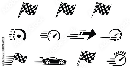 Canvas Print Racing checkered flags and speed motion icon vector set, fast movement symbols i