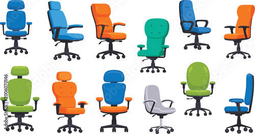 Slika na platnu Set of modern ergonomic office chair vectors with adjustable armrests and wheels for workspace interior design and furniture illustrations