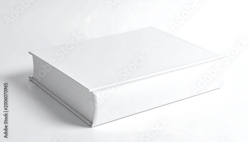 A pristine, thick book with a clean white cover rests on a white surface, casting subtle shadows. It appears unbound