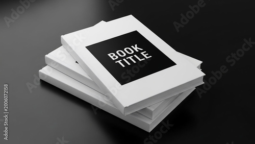 Minimalist stack of white books with black book title cover design on dark background
