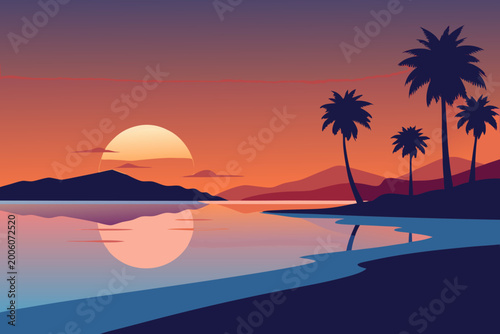 Sunset Beach Silhouette Calm Ocean Reflection Nature Illustration Vector