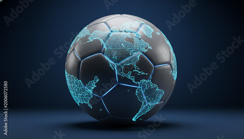 Close up view of a generic soccer ball with blue glowing world map on dark background