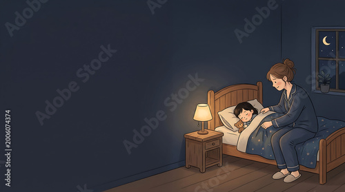 A tender moment as a loving mother gently tucks her child into bed under the soft glow of a bedside lamp, fostering a peaceful night's sleep and sweet dreams