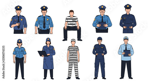 Set of diverse characters including police officers in various uniforms and prisoners in striped outfits for law enforcement concepts.
