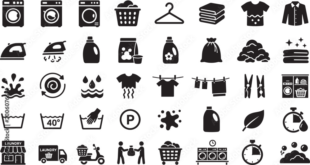 Fototapeta premium Laundry Service and Washing Machine Icon Set, Black Silhouette Vector Symbols, Clean Clothes Care, Dry Cleaning and Household Laundry Collection