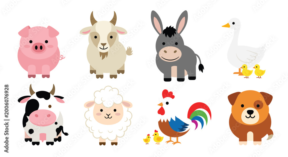 Fototapeta premium Set of cute cartoon farm animals including a pig goat donkey goose cow sheep rooster and dog in a simple flat illustration style for children.