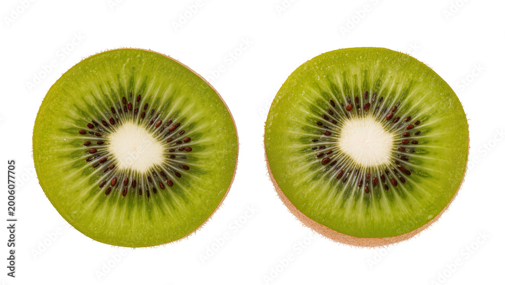 Fototapeta premium Two vibrant green kiwi fruit slices with black seeds, isolated on transparent background