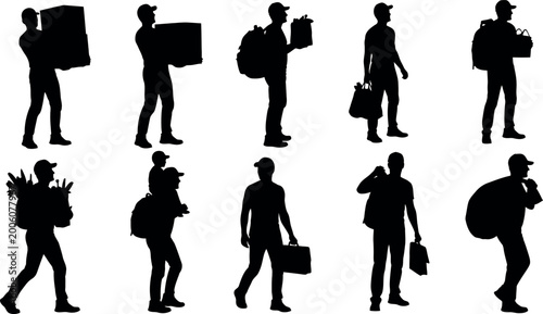 Canvas Print Diverse silhouettes of people carrying various items representing daily life and