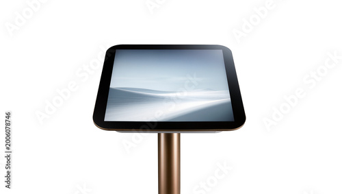 Modern digital kiosk with a sleek black touchscreen display, isolated on transparent background