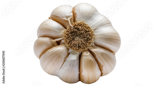 Whole garlic bulb with papery skin, isolated on transparent background