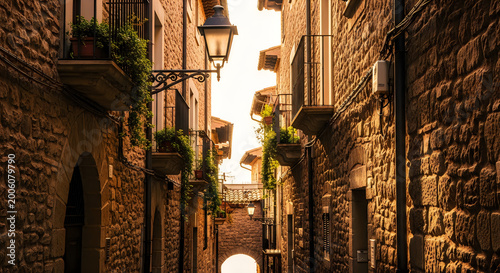 Sunlit narrow street in old town a captivating european alleyway scene