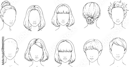 Tableau sur toile Detailed line art collection of diverse hairstyles for men and women, featuring various cuts, updos, and short, medium, long hair in black  white outline drawings