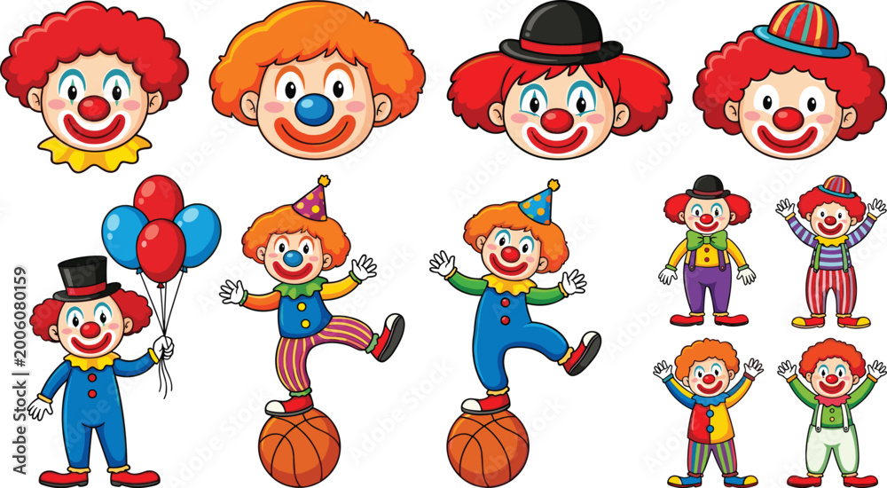 Fototapeta premium Cute Cartoon Clown Characters Collection with Red Curly Hair Balloons and Costumes Illustration