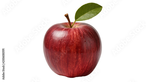 Shiny red apple with green leaf and stem, isolated on transparent background
