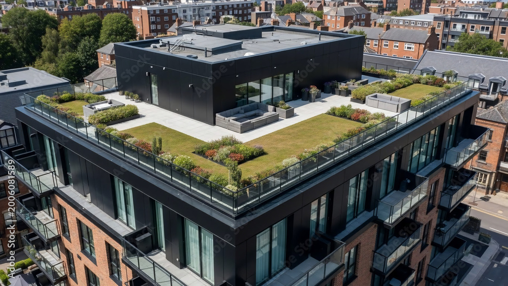 Obraz premium Modern Apartment Building Rooftop Garden with Green Roof and Outdoor Seating Area