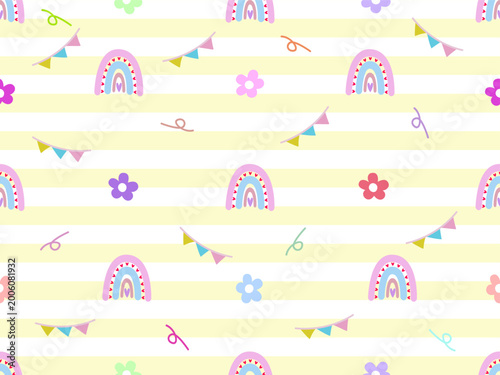 Cute Rainbow Seamless Pattern.Sweet seamless pastel pattern with rainbows, flowers and bunting on striped background. Perfect for nursery, fabric and kids decor,wallpaper, and wrapping design.