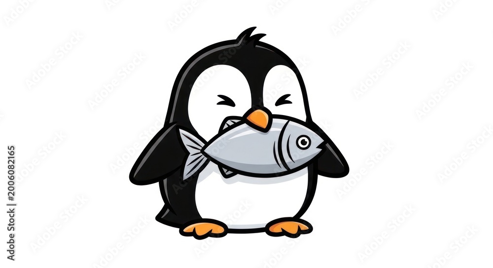 Obraz premium Cartoon penguin eating fish illustration isolated on white background