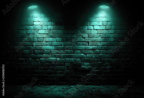 Two teal spotlights illuminate a gritty brick wall and floor