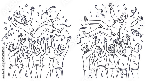 Foto People celebrating success by tossing happy colleagues in air at corporate party event art