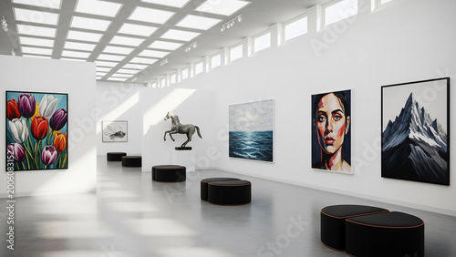 Modern Art Gallery Exhibition Featuring Diverse Paintings and Sculptures