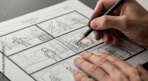 Closeup of a persons hands sketching a storyboard with pencil on paper.