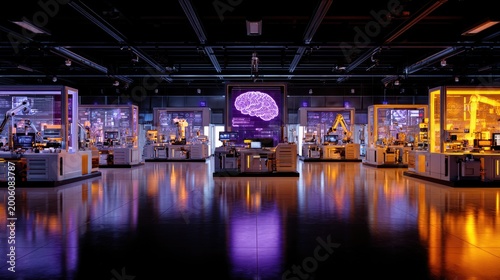 Futuristic lab with robotic arms and glowing brain display