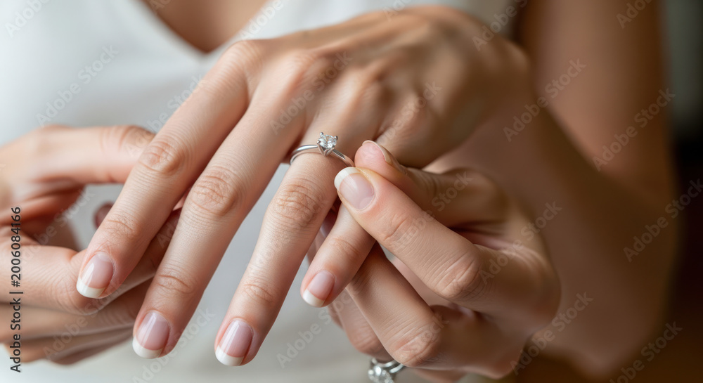 Fototapeta premium Closeup of a womans hands with a sparkling engagement ring.
