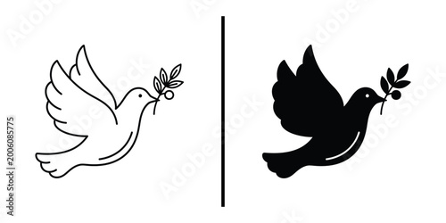 Quadro su tela Peace Dove Flying with Olive Branch Icon Set: White Pigeon Symbol for Freedom, H