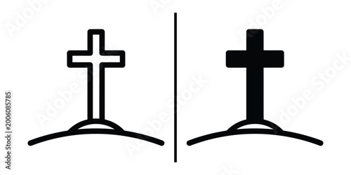 Quadro su tela Christian Cross on Hill Icon Set Minimalist Outline and Silhouette Vector Illust